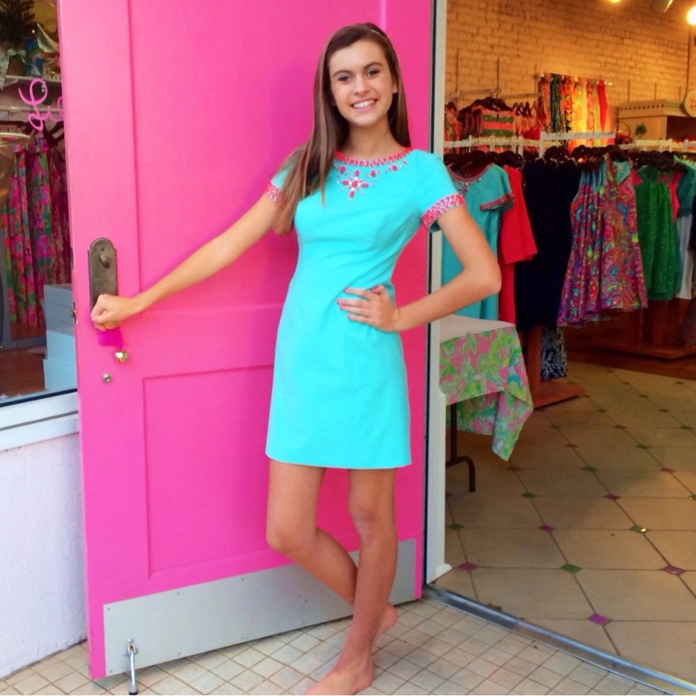 Lilly Pulitzer Nora Beaded Shift Dress in Crystal Water Aqua Turquoise Size 4